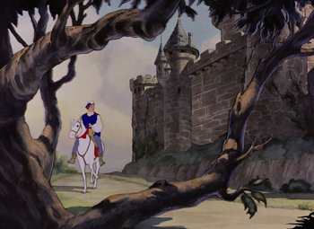 Movie still from “Snow White and the Seven Dwarfs” (1937), directed by Larry Morey – A painting of a man on a horse in front of a castle; Wide shot, Low angle