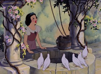 Movie still from “Snow White and the Seven Dwarfs” (1937), directed by Larry Morey – A painting of snow white and the seven dwarfs; Wide shot, High angle