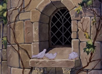 Movie still from “Snow White and the Seven Dwarfs” (1937), directed by Larry Morey – A painting of pigeons sitting in front of an arched window; Wide shot, Low angle