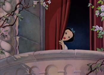 Movie still from “Snow White and the Seven Dwarfs” (1937), directed by Larry Morey – A painting of snow white looking out of a window; Medium shot, Low angle
