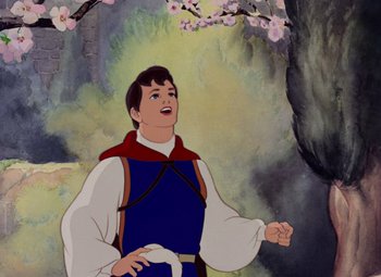 Movie still from “Snow White and the Seven Dwarfs” (1937), directed by Larry Morey – A painting of a man in a blue and white outfit; Medium shot, Low angle