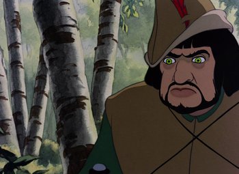 Movie still from “Snow White and the Seven Dwarfs” (1937), directed by Larry Morey – An image of a man with a beard and a hat; Close Up shot, Over the shoulder angle