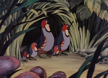 Movie still from “Snow White and the Seven Dwarfs” (1937), directed by Larry Morey – A group of birds sitting on top of a dirt ground; Wide shot, Low angle