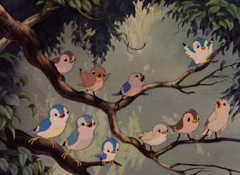 Movie still from “Snow White and the Seven Dwarfs” (1937), directed by Larry Morey – Many little birds sitting on the branches of a tree; Medium shot, Low angle