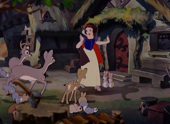 Movie still from “Snow White and the Seven Dwarfs” (1937), directed by Larry Morey – Snow white and the seven dwarfs in a scene from snow white and the seven dwarfs; Wide shot, Low angle