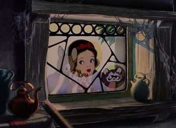 Movie still from “Snow White and the Seven Dwarfs” (1937), directed by Larry Morey – A painting of snow white and the seven dwarfs in stained glass; Wide shot, Low angle