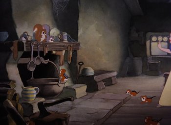 Movie still from “Snow White and the Seven Dwarfs” (1937), directed by Larry Morey – An animated scene of a kitchen with a pot and some birds; Wide shot, High angle