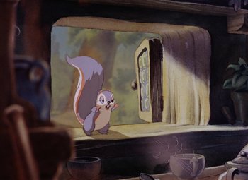 Movie still from “Snow White and the Seven Dwarfs” (1937), directed by Larry Morey – A painting of a squirrel in front of an open door; Wide shot, Over the shoulder angle