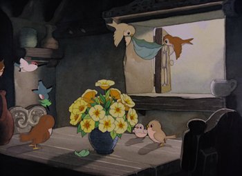 Movie still from “Snow White and the Seven Dwarfs” (1937), directed by Larry Morey – A painting of flowers in a vase on a wooden table; Wide shot, High angle