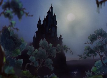 Movie still from “Snow White and the Seven Dwarfs” (1937), directed by Larry Morey – A painting of a castle with a moon in the background; Extreme Wide shot, Low angle