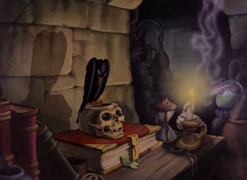 Movie still from “Snow White and the Seven Dwarfs” (1937), directed by Larry Morey – A skull on a stack of books; Wide shot, Low angle