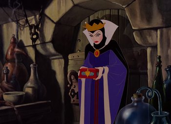 Movie still from “Snow White and the Seven Dwarfs” (1937), directed by Larry Morey – A woman dressed as snow white holding a box in her hands; Medium shot, Over the shoulder angle