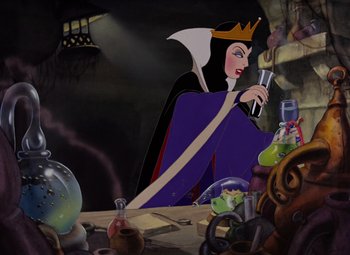Movie still from “Snow White and the Seven Dwarfs” (1937), directed by Larry Morey – A painting of evil queen from snow white and the seven dwarfs; Medium shot, Over the shoulder angle