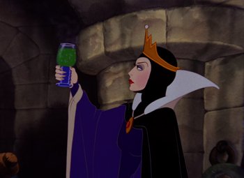 Movie still from “Snow White and the Seven Dwarfs” (1937), directed by Larry Morey – A woman holding a glass of beer in her hand; Medium shot, Low angle