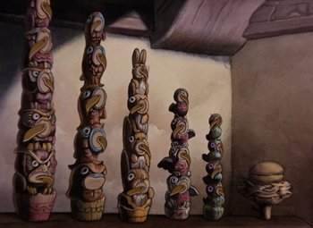 Movie still from “Snow White and the Seven Dwarfs” (1937), directed by Larry Morey – Many wooden statues on the table; Extreme Close Up shot, Overhead angle