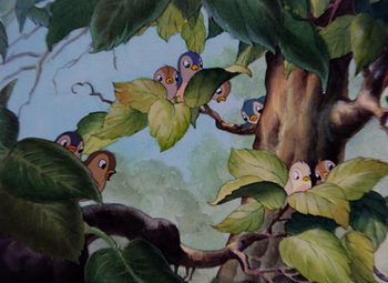Movie still from “Snow White and the Seven Dwarfs” (1937), directed by Larry Morey – A painting of birds sitting in a tree with green leaves; Extreme Close Up shot, Low angle