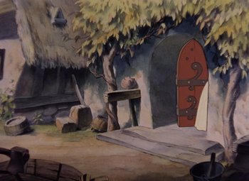 Movie still from “Snow White and the Seven Dwarfs” (1937), directed by Larry Morey – A painting of an outdoor scene with a red door; Wide shot, High angle