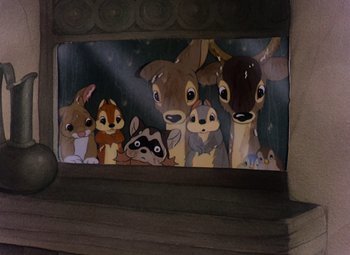 Movie still from “Snow White and the Seven Dwarfs” (1937), directed by Larry Morey – A painting of a group of disney characters; Wide shot, Low angle