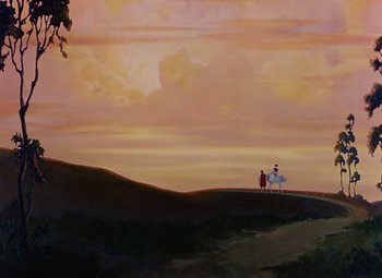Movie still from “Snow White and the Seven Dwarfs” (1937), directed by Larry Morey – A painting of two people standing on top of a hill; Extreme Wide shot, Low angle