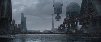 Movie still from “Solo: A Star Wars Story” (2018), directed by Ron Howard – A view of a city from the water; Extreme Wide shot, Low angle