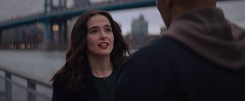 Movie still from “Something from Tiffany's” (2022), directed by Daryl Wein – A woman is talking to a man in a black jacket; Close Up shot, Over the shoulder angle