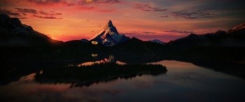 Movie still from “Sonic the Hedgehog” (2020), directed by Jeff Fowler – An image of a mountain and a lake at sunset; Extreme Wide shot, Low angle