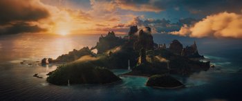 Movie still from “Sonic the Hedgehog” (2020), directed by Jeff Fowler – An image of an island in the middle of the ocean; Extreme Wide shot, High angle