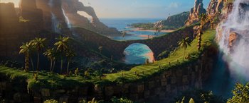 Movie still from “Sonic the Hedgehog” (2020), directed by Jeff Fowler – An image of an island with a bridge in the middle of it; Extreme Wide shot, High angle