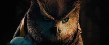 Movie still from “Sonic the Hedgehog” (2020), directed by Jeff Fowler – An owl's face with green eyes; Close Up shot, Low angle