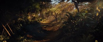 Movie still from “Sonic the Hedgehog” (2020), directed by Jeff Fowler – The sun is shining through the trees in the woods; Extreme Wide shot, High angle