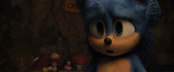 Movie still from “Sonic the Hedgehog” (2020), directed by Jeff Fowler – The head and face of a stuffed animal; Close Up shot, Over the shoulder angle