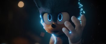 Movie still from “Sonic the Hedgehog” (2020), directed by Jeff Fowler – A character's face in a scene from sonic the hedgehog; Close Up shot, Over the shoulder angle