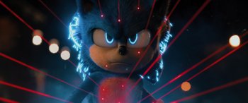 Movie still from “Sonic the Hedgehog” (2020), directed by Jeff Fowler – A sonic the hedgehog character; Close Up shot, Over the shoulder angle