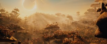 Movie still from “Sonic the Hedgehog” (2020), directed by Jeff Fowler – An image of an alien landscape with a lot of people in it; Extreme Wide shot, High angle