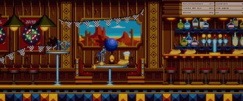 Movie still from “Sonic the Hedgehog” (2020), directed by Jeff Fowler – An image of a video game scene in a restaurant; Extreme Wide shot, High angle