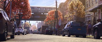 Movie still from “Soul” (2020), directed by Kemp Powers – Cars parked on the side of the road under an overpass; Extreme Wide shot, Low angle