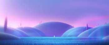 Movie still from “Soul” (2020), directed by Kemp Powers – An image of an image of a person standing in the middle of a field; Extreme Wide shot, Low angle