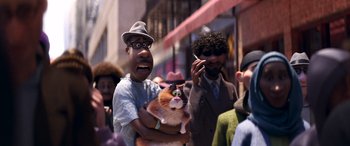 Movie still from “Soul” (2020), directed by Kemp Powers – A crowd of people walking down a street; Medium shot, Over the shoulder angle