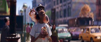 Movie still from “Soul” (2020), directed by Kemp Powers – A man holding a cat on his shoulders; Close Up shot, Low angle