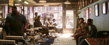 Movie still from “Soul” (2020), directed by Kemp Powers – A group of people sitting in chairs in front of a window; Wide shot, Over the shoulder angle