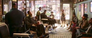 Movie still from “Soul” (2020), directed by Kemp Powers – A group of men sitting in a barber shop; Wide shot, Low angle