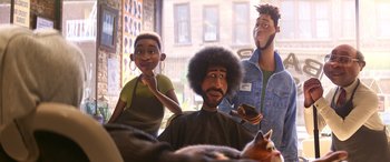 Movie still from “Soul” (2020), directed by Kemp Powers – A group of people that are standing in front of a cat; Medium shot, Over the shoulder angle