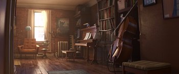 Movie still from “Soul” (2020), directed by Kemp Powers – A room filled with furniture and a piano; Extreme Wide shot, Over the shoulder angle