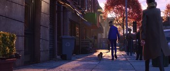 Movie still from “Soul” (2020), directed by Kemp Powers – A man walking a dog down the sidewalk; Wide shot, Low angle