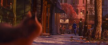 Movie still from “Soul” (2020), directed by Kemp Powers – People sitting on a bench on the side of the street; Wide shot, Over the shoulder angle