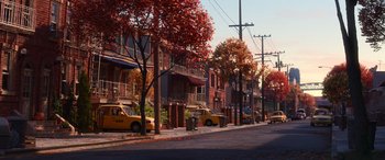 Movie still from “Soul” (2020), directed by Kemp Powers – A row of houses on the side of a street; Extreme Wide shot, High angle