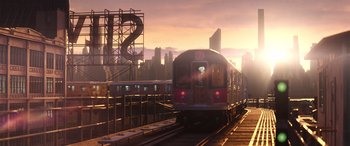 Movie still from “Soul” (2020), directed by Kemp Powers – A train on a train track near a bridge; Extreme Wide shot, Low angle