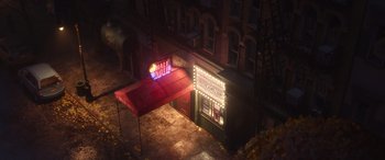 Movie still from “Soul” (2020), directed by Kemp Powers – An outdoor restaurant at night lit up with lights; Extreme Wide shot, Overhead angle