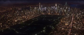 Movie still from “Soul” (2020), directed by Kemp Powers – An aerial view of a city at night with lights on; Extreme Wide shot, High angle