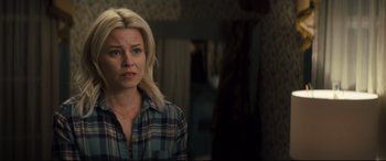 Movie still from “Brightburn” (2019), directed by David Yarovesky – A woman with blonde hair wearing a plaid shirt; Close Up shot, Over the shoulder angle